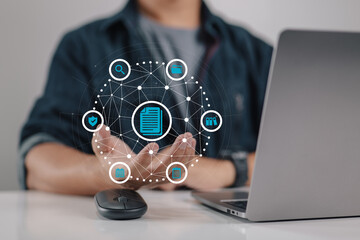 Leinwandbilder - Document management data system containing a document icon. management system for company data. Business Internet Technology Privacy and Data Protection Concept.