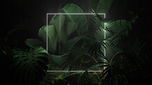 Tropical Leaves Illuminated With White Fluorescent Light. Rainforest Environment With Square Shaped Neon Frame.