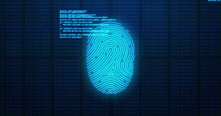 Animation of digital biometric fingerprint computer interface icon and data processing on blue backg