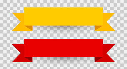 Red and yellow ribbon banners template with shadow. Flag shaped tips. 3D realistic vector illustration isolated on transparent background.