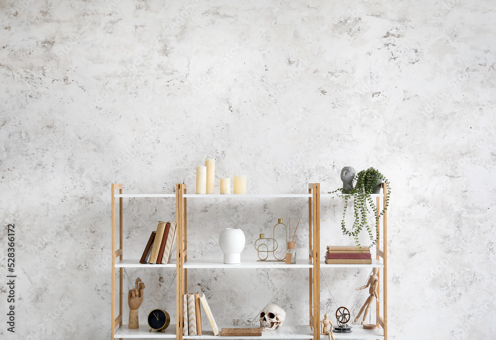 Shelving unit with books, decor and human skull near light wall
