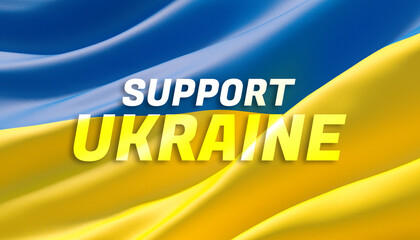 Wall Mural - Support Ukraine text flag theme. Waving national flag of Ukraine. Waved highly detailed close-up 3D render.