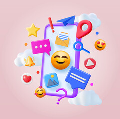 Poster - 3D Social Media Concept Isolated. Render Smartphone with Colorful Social Network Icon. Chat Bubble, Like Button, Exclamation Question Mark, Notification Bell. Online Communication. Vector Illustration