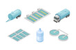Water Purification Process with Liquid in Bottle and Basin Isometric Vector Set