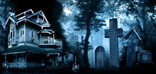 Horizontal Halloween Banner With Haunted House And Medieval Stone Cross, Tombstones In A Cemetery In Foggy Forest