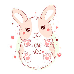 Wall Mural - Cute Valentine card in kawaii style. Lovely bunny with pink hearts. Inscription Love you. Can be used for t-shirt print, stickers, greeting card design. Vector illustration EPS8