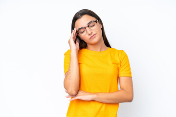 Wall Mural - Young caucasian woman isolated on white background with headache