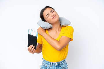 Poster - Woman with Inflatable Travel Pillow over isolated background suffering from pain in shoulder for having made an effort