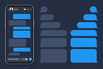 Realistic smartphone with messaging app. Blank SMS text frame. Conversation chat screen with blue message bubbles. Social media application. Vector illustration.