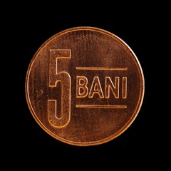 Wall Mural - Romanian 5 Bani coin isolated on a black background