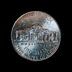 Wall Mural - Close up of a reverse Jefferson Nickel isolated on black background.