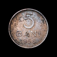 Wall Mural - Close up of a five bani coin isolated on black background.