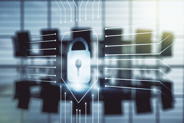 Poster - Virtual creative lock sketch with chip hologram on a modern boardroom background, protection of personal data concept. Multiexposure