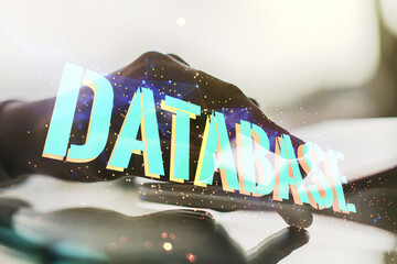 Poster - Double exposure of Database word sign with finger clicks on a digital tablet on background, global research and analytics concept
