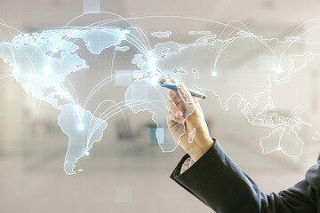 Poster - Man hand with pen working with abstract graphic digital world map with connections on blurred office background, globalization concept. Multiexposure