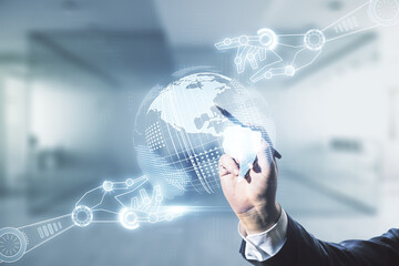 Aufkleber - Double exposure of male hand with pen draws abstract virtual robotics technology with world map hologram on blurred office background. Research and development software concept