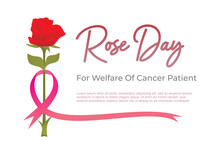 Rose Day Background For Welfare Of Cancer Patient With Red Flower And Pink Ribbon.
