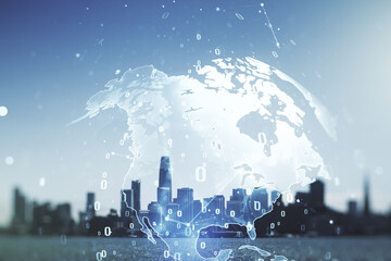 Poster - Multi exposure of abstract software development hologram and world map on San Francisco skyscrapers background, global research and analytics concept