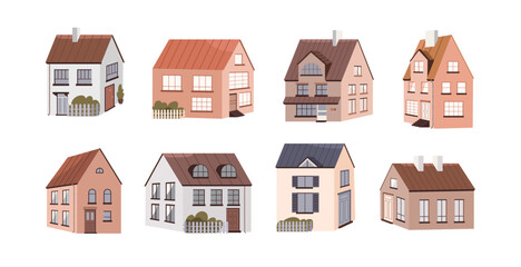 Fototapete - Houses exteriors set. Residential town buildings architecture. Traditional homes designs. Modern real estate structures with windows, doors. Flat vector illustrations isolated on white background