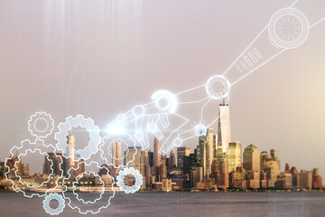 Aufkleber - Abstract virtual robotics technology sketch on Manhattan office buildings background, future technology and AI concept. Double exposure
