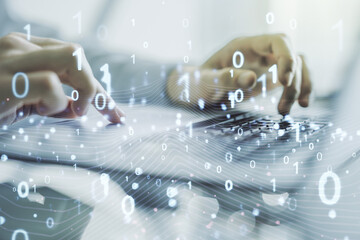 Aufkleber - Creative concept of binary code illustration and hands typing on laptop on background. Big data and coding concept. Multiexposure