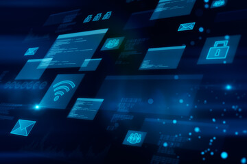 Abstract glowing digital transformation hologram backdrop. 3D Rendering.