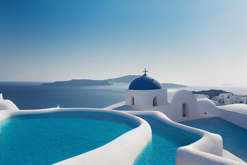 beautiful santorini greece panoramic background, travel holliday summer wallpaper, 3d render, 3d ill