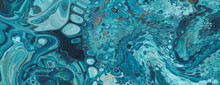 Liquid Swirls In Beautiful Teal And Blue Colors, With Gold Powder. Abstract Acrylic Pour Banner.