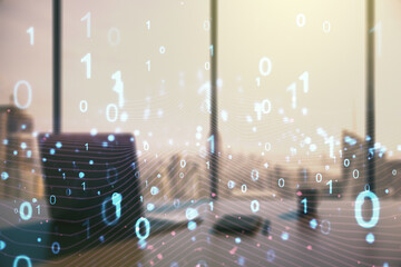 Aufkleber - Creative abstract binary code hologram and modern desktop with pc on background, AI and machine learning concept. Multiexposure