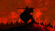 © Iobard - A knight in a helmet with horns stands on a hill with a sword and shield, behind him an army on a red background. 2d illustration