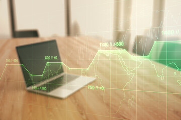 Aufkleber - Multi exposure of stats data illustration on modern laptop background, computing and analytics concept