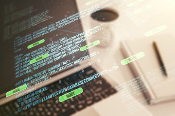 Poster - Multi exposure of abstract graphic coding sketch on modern computer background, big data and networking concept