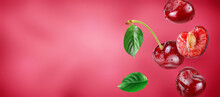 Red Cherries And Slice With Water Drops Flying In The Air Stream On Pink Background