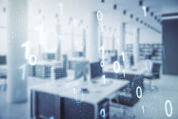 Aufkleber - Double exposure of abstract virtual binary code hologram on modern corporate office background. Database and programming concept