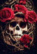 Death Of Romance - Human Skeleton Skull With Blood Red Roses, Thorn Creeper Vines And Gothic Art Style. Day Of The Dead, Halloween Spooky Theme.