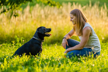 Happy Woman With Black Labrador On Meadow