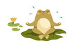 Cute frog in meditation pose. Funny foggy relaxing on leaf in zen yoga position. Happy baby animal character meditating in nature in pond. Flat vector illustration isolated on white background