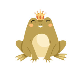 Poster - Cute frog princess with crown. Happy girl froggy. Funny amphibian animal. Adorable amusing toad. Lovely sweet magic character. Childish kids flat vector illustration isolated on white background