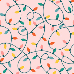 christmas lights seamless pattern. cute flat light bulbs on a string in retro print for xmas wrappin
