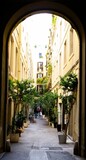 Fototapeta Uliczki - Vertical shot of a narrow street between old buildings in Barcelona, Spain
