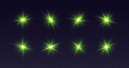 Wall Mural - green lens flare, glowing star with rays, shiny flash spark, bright cosmic explosion isolated on bla