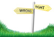Right or wrong decision concept sign of a direction sign in a field pointing out the right way and the wrong way