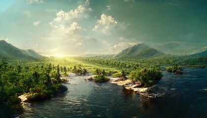 Poster - Valley with a lake, coniferous trees and the sun in the sky and rocks on the horizon