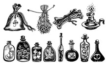 Doodle Magic Items Set, Halloween Collection, Esoteric Illustration Set, Vector Sketches Of Jars With Potions, Teeth, Eyes, Bones And Candle.