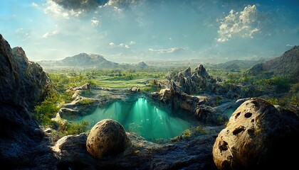 Poster - Deep body of water in rocky area with blue sky and clouds on it, hot sunny day