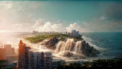 Poster - Waterfall, buildings on the rocks. Sea with blue water.