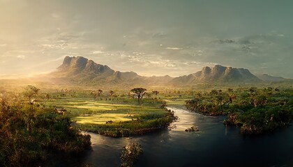 Wall Mural - Trees near the river at sunset. Savanna landscape with green grass, and mountains on the horizon