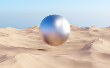 Surreal desert landscape with silver sphere over sand dunes.