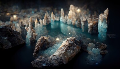 Poster - Rocky cave with water, blue crystals and sky with stars.