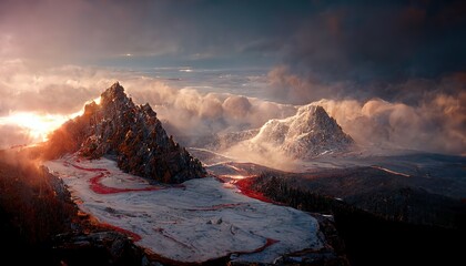 Poster - Landscape on top of a mountain at sunset. Snowy peaks, setting sun